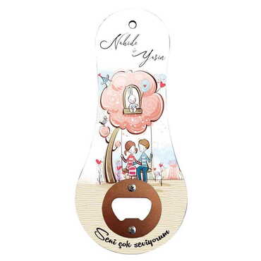 Sweetheart Themed Classic Shaped Printed MDF Wooden Bottle Opener 170x79 mm - Thumbnail