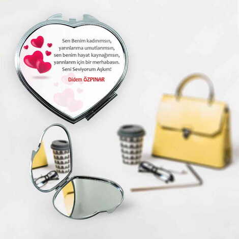 Sweetheart Themed Customised Metal Epoxy Travel Make Up Compact Heart Shaped Mirror 70x65x8 mm - 1