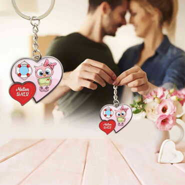 Sweetheart Themed Metal Double Heart Shaped Keychain 40x94 mm - Thumbnail