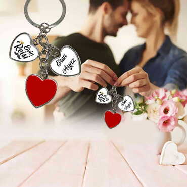 Sweetheart Themed Metal Keychain With 3 Charms - Heart 40x85 mm - Thumbnail