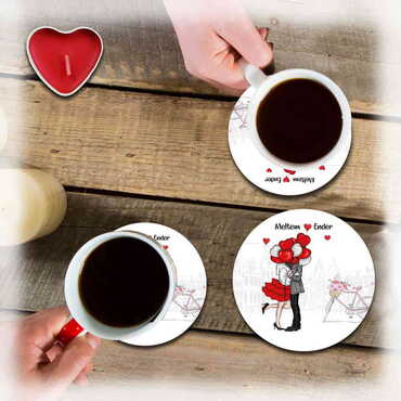 Sweetheart Themed Wooden Custom Printed Souvenir Coaster 100 mm - Thumbnail