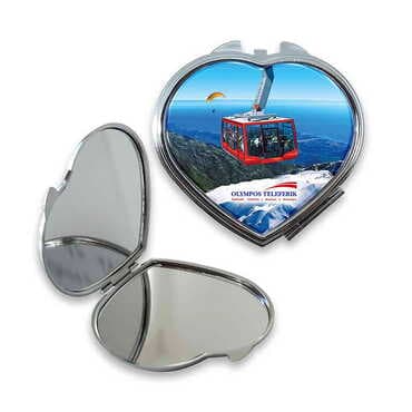 Cable Card Themed Customised Metal Epoxy Travel Make Up Compact Heart Shaped Mirror 70x65x8 mm