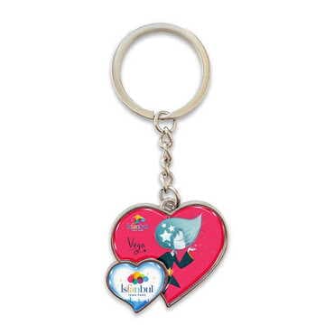 Theme Park Themed Metal Double Heart Shaped Keychain 40x94 mm