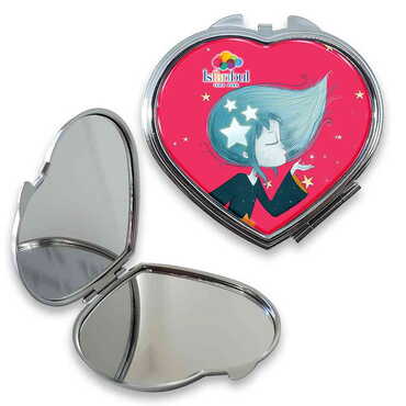 Theme Park Themed Customised Metal Epoxy Travel Make Up Compact Heart Shaped Mirror 70x65x8 mm
