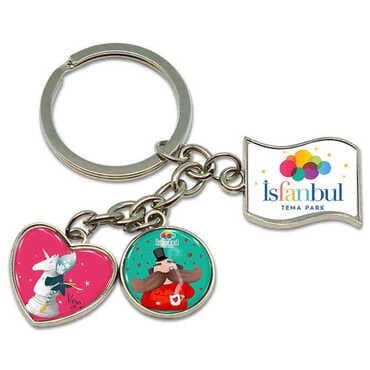 Theme Park Themed Metal Keychain With 3 Charms - Mixed 40x90 mm