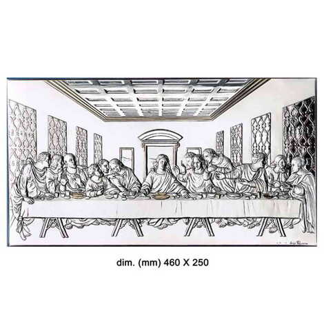 The Last Supper Of Jesus With Bi-Laminated Silver Plaque, Golden Decoration And Wooden Icon 250 x 460 mm