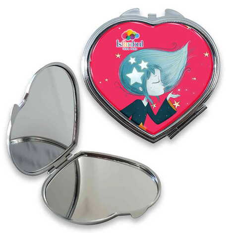 Theme Park Themed Customised Metal Epoxy Travel Make Up Compact Heart Shaped Mirror 70x65x8 mm - 1