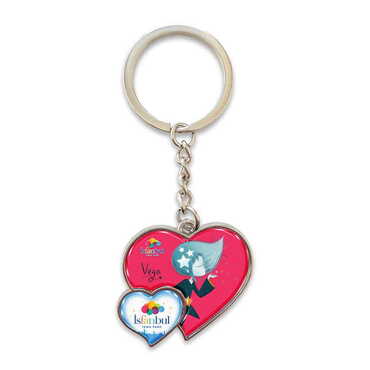 Myros - Theme Park Themed Metal Double Heart Shaped Keychain 40x94 mm