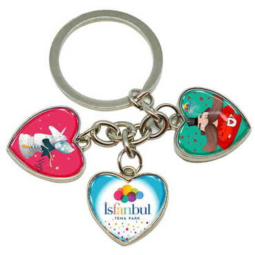 Myros - Theme Park Themed Metal Keychain With 3 Charms - Heart 40x85 mm