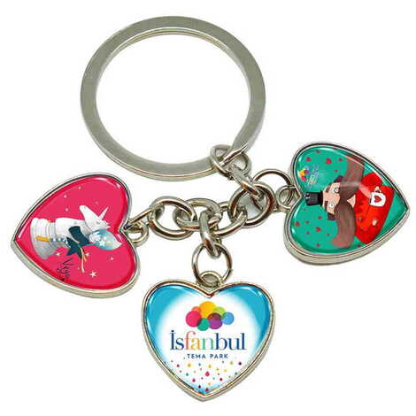 Theme Park Themed Metal Keychain With 3 Charms - Heart 40x85 mm - 1
