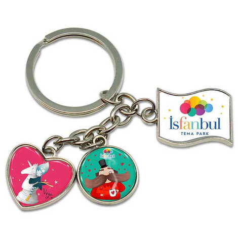 Theme Park Themed Metal Keychain With 3 Charms - Mixed 40x90 mm - 1