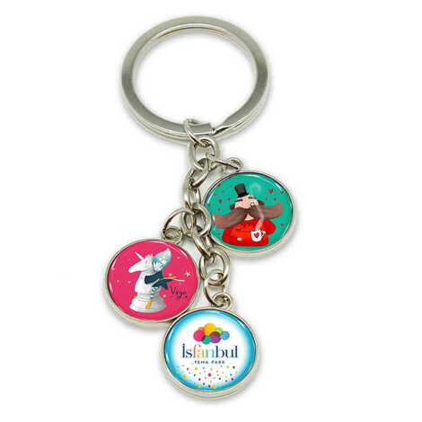 Theme Park Themed Metal Keychain With 3 Charms - Round 40x90 mm - 1