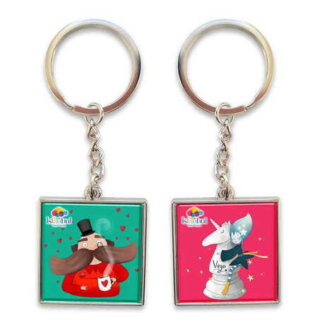 Theme Park Themed Metal Square Shaped Double Face Keychain 36x95 mm - 1