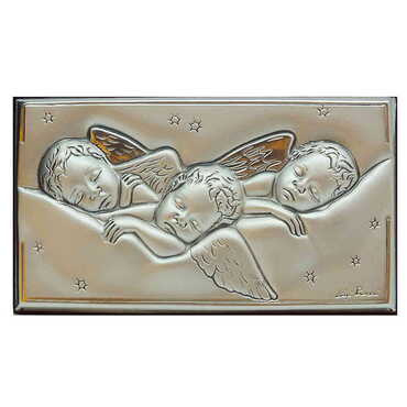 Myros - Three Sleeping Angels Figure With Bi-Laminated Silver Plaque And Wooden Icon 50x90 mm