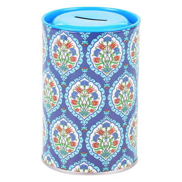 Tile Pattern Themed Customised Kids Tin Round Coin Box 83x83x125 mm - Thumbnail