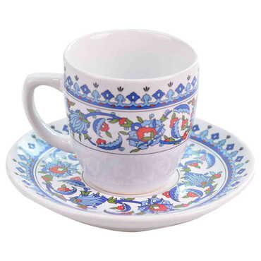 Tile Pattern Themed Turkish Ceramic Coffee Cup Set of 2 pcs - Thumbnail