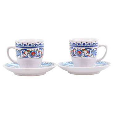 Tile Pattern Themed Turkish Ceramic Coffee Cup Set of 2 pcs - Thumbnail