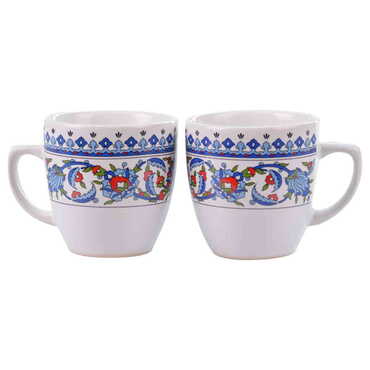 Tile Pattern Themed Turkish Ceramic Coffee Cup Set of 2 pcs - Thumbnail