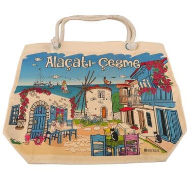 Wholesale Alaçatı Themed Myros Canvas Beach Bag Digital Print 470*390*150 mm - 2