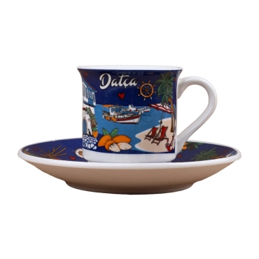Toptan Datça Temalı Baskılı Porselen İkili Kahve Takımı - Myros
