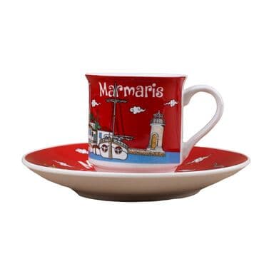 Wholesale Marmaris Themed Printed Porcelain 2 Piece Coffee Set