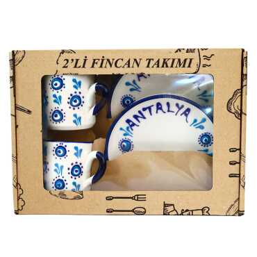 Traditional Evil Eye Embossed Turkish Coffee Set for Two - Myros