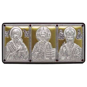 Myros - Tryphtic (Virgin Mary- Jesus-St.Nicholas) Icon With Bi-Laminated Silver Plaque, Golden Decoration, Swarowski Stoned Crystals And Wooden Icon 70x40 mm