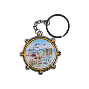 Turkey Themed Ship Wheel Shaped Metal Keychain - 3