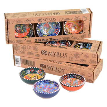 Myros - Turkis Ceramic Relief Bowl Set of 3 pcs 7.5Cm