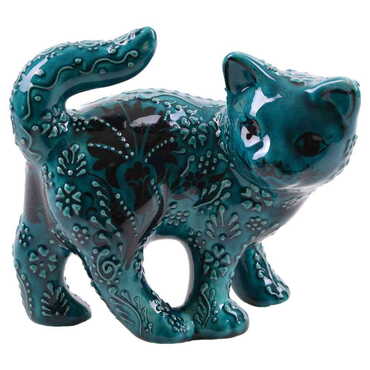 Turkish Ceramic Hand Painted Turquoise Cat Figurine Big Size - Thumbnail