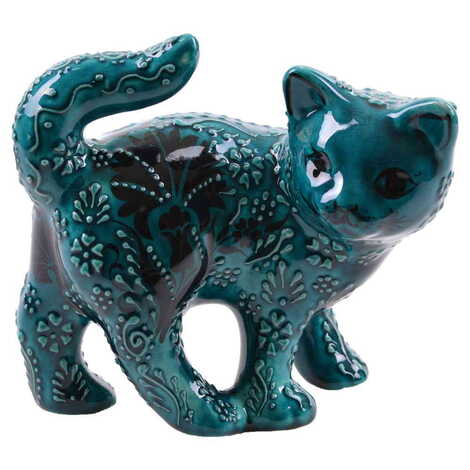 Turkish Ceramic Hand Painted Turquoise Cat Figurine Big Size