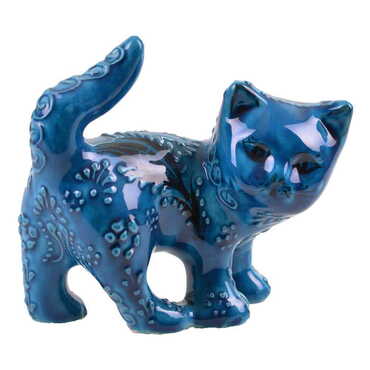 Myros - Turkish Ceramic Hand Painted Turquoise Cat Figurine Medium Size