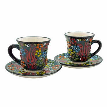 Myros - Turkish Ceramic Relief Coffee Cup Set of 2 pcs