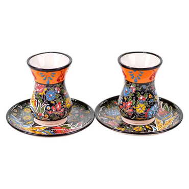 Turkish Ceramic Special Relief Tea Cup Set of 2 Pcs - Thumbnail