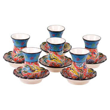 Turkish Ceramic Special Relief Tea Cup Set of 6 Pcs - Thumbnail