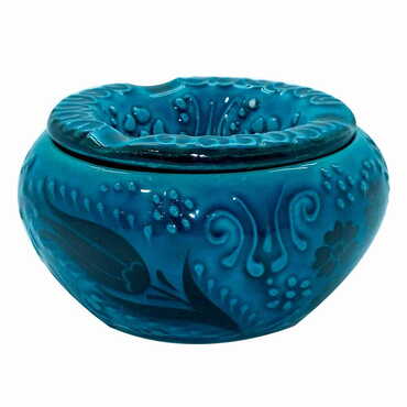 Turkish Ceramic Turquoise Ashtray with Lid Small Size - Thumbnail