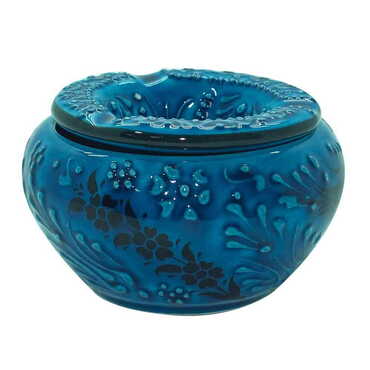 Turkish Ceramic Turquoise Ashtray with Lid Small Size - Thumbnail