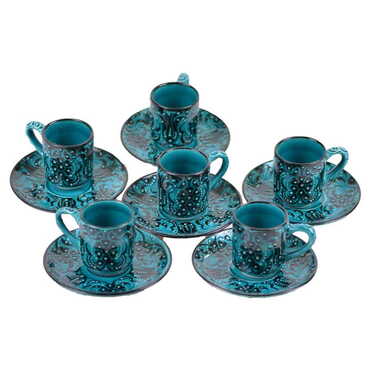 Myros - Turkish Ceramic Turquoise Coffee Glass Set of 6 Pcs