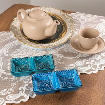 Turkish Ceramic Turquoise Duo Divide Snack Platter - Thumbnail