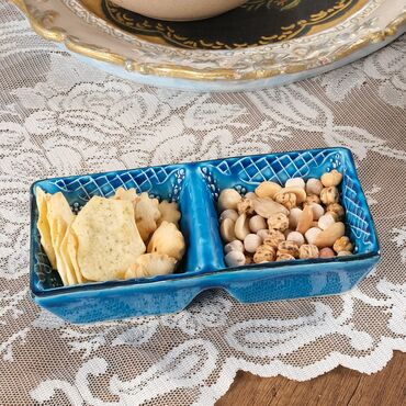 Turkish Ceramic Turquoise Duo Divide Snack Platter - Thumbnail