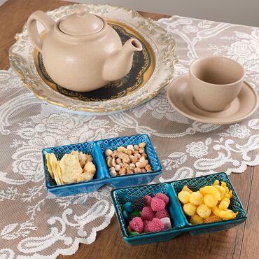 Turkish Ceramic Turquoise Duo Divide Snack Platter - Thumbnail