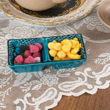 Turkish Ceramic Turquoise Duo Divide Snack Platter - Thumbnail