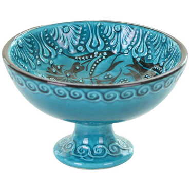 Turkish Ceramic Turquoise Footed Bowl 13cm - Thumbnail