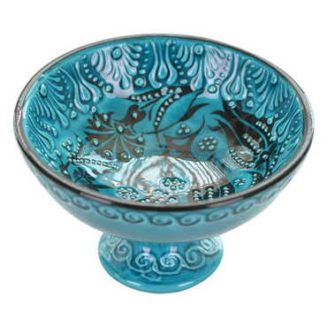 Turkish Ceramic Turquoise Footed Bowl 13cm - Thumbnail