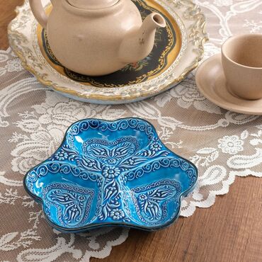 Turkish Ceramic Turquoise Heart Shaped Triple Divide Snack Platter - Thumbnail