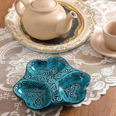 Turkish Ceramic Turquoise Heart Shaped Triple Divide Snack Platter - Thumbnail