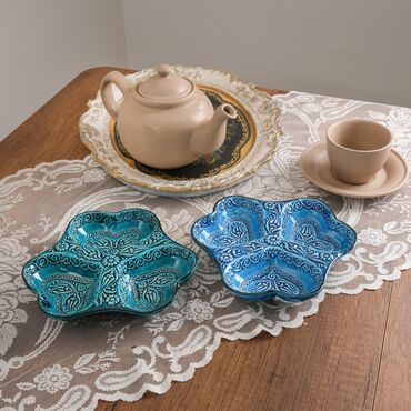 Turkish Ceramic Turquoise Heart Shaped Triple Divide Snack Platter - Thumbnail