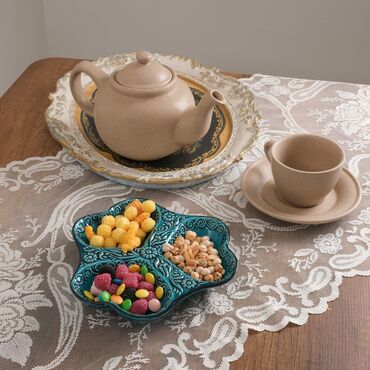 Turkish Ceramic Turquoise Heart Shaped Triple Divide Snack Platter - Thumbnail