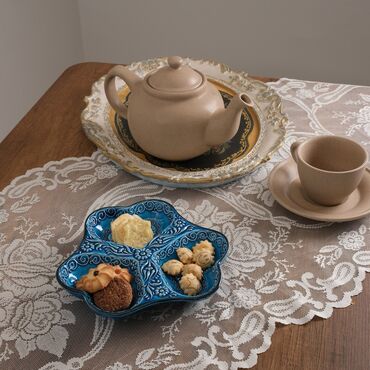 Turkish Ceramic Turquoise Heart Shaped Triple Divide Snack Platter - Thumbnail