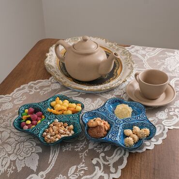 Turkish Ceramic Turquoise Heart Shaped Triple Divide Snack Platter - Thumbnail